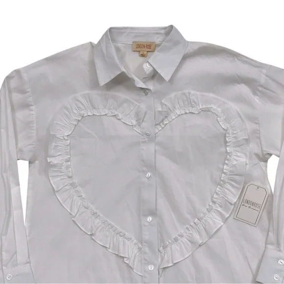 London Rose Heart Ruffle White Button Up Shirt NWT - Womens Size Small - Picture 3 of 8